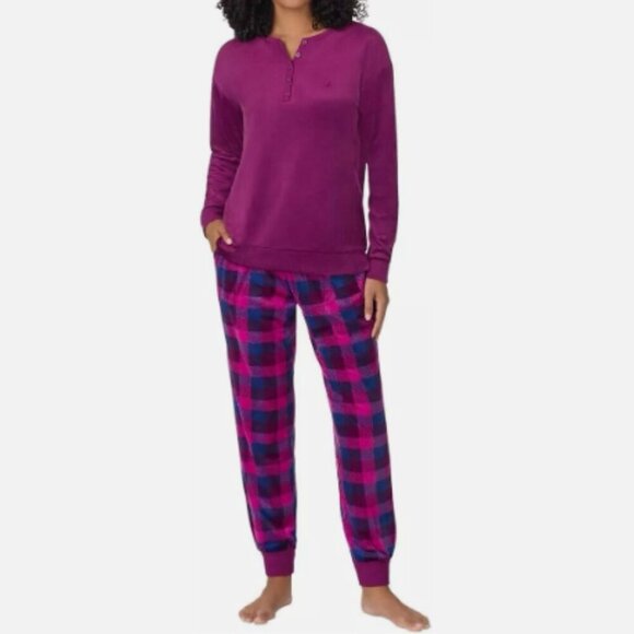 NWOT Nautica Medium Womens Burgundy Henley Pajama Set With Plaid Jogger - Picture 1 of 6